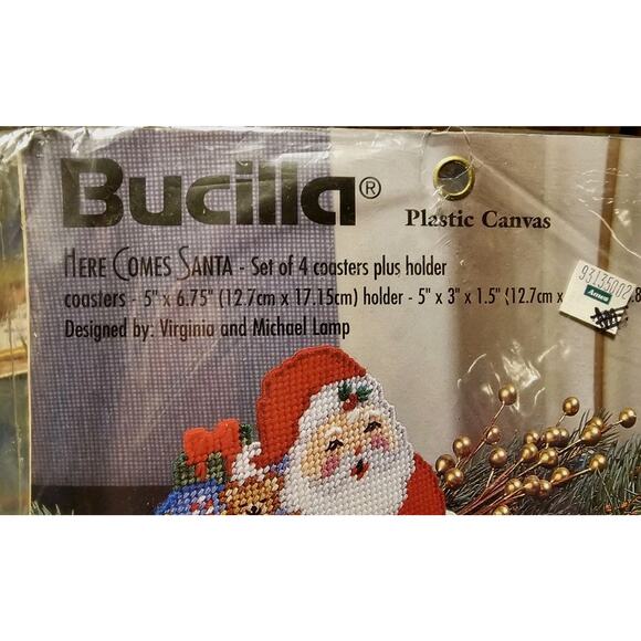 1996 Bucilla HERE COMES SANTA - Plastic Canvas Kit Set 4 Coasters Chimney Holder - Picture 3 of 4